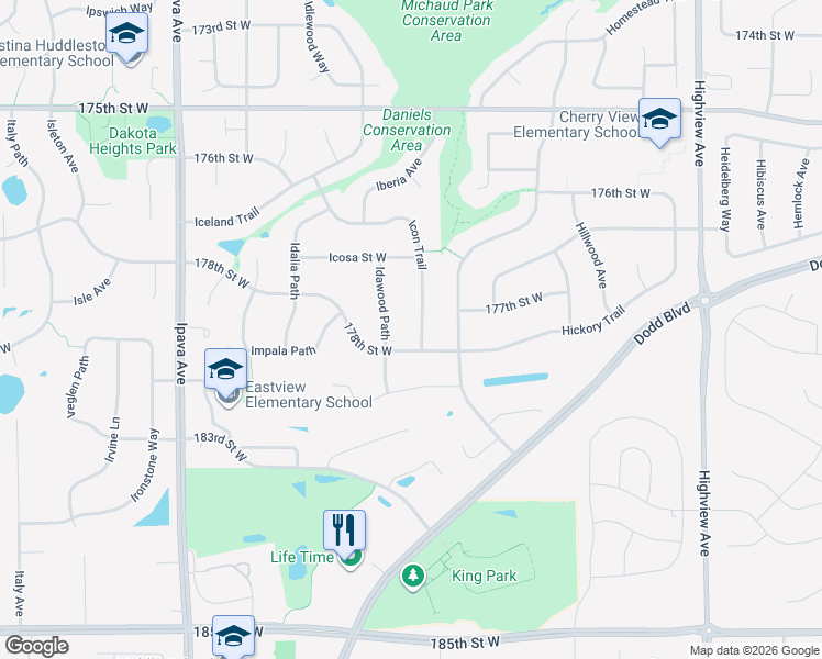 map of restaurants, bars, coffee shops, grocery stores, and more near 17791 Icon Trail in Lakeville