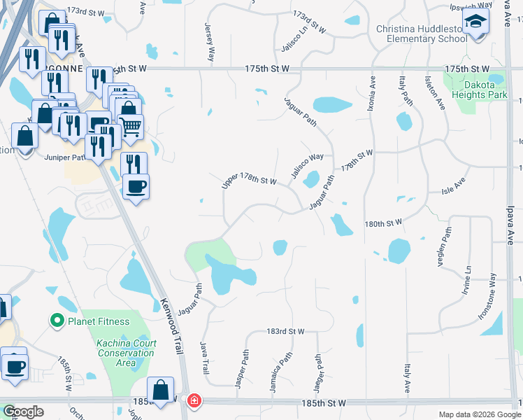 map of restaurants, bars, coffee shops, grocery stores, and more near 17932 Jaguar Path in Lakeville