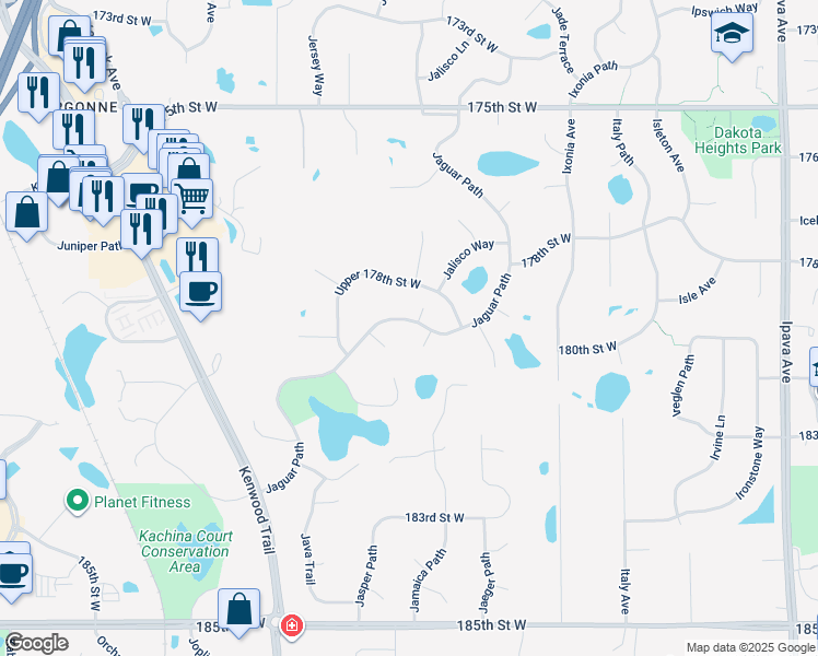 map of restaurants, bars, coffee shops, grocery stores, and more near 17930 Jaguar Path in Lakeville