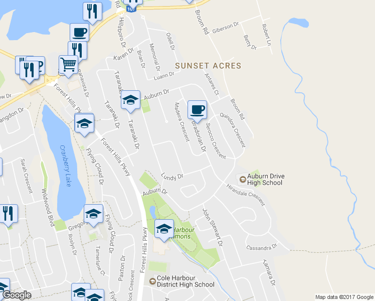 map of restaurants, bars, coffee shops, grocery stores, and more near 83 Madeira Crescent in Dartmouth