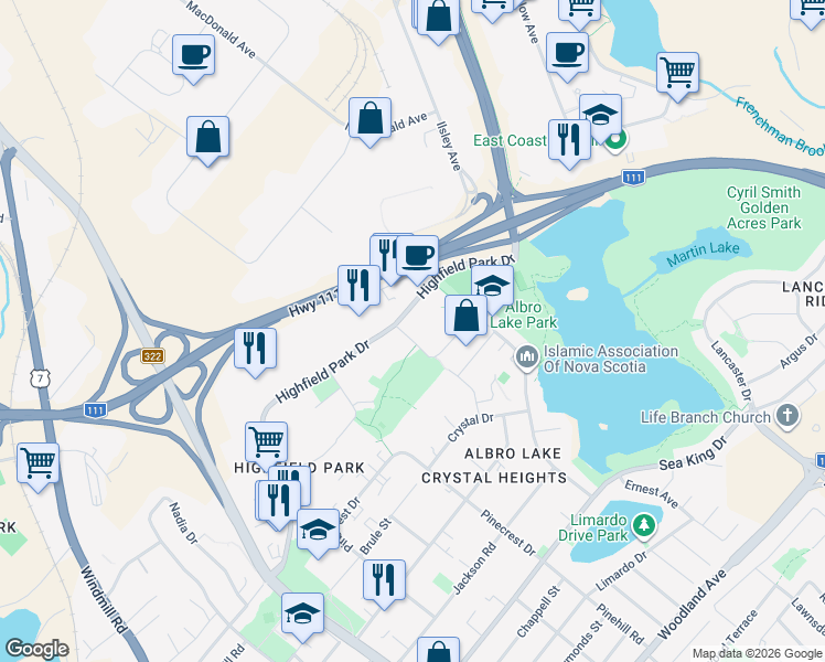 map of restaurants, bars, coffee shops, grocery stores, and more near 17 True North Crescent in Dartmouth