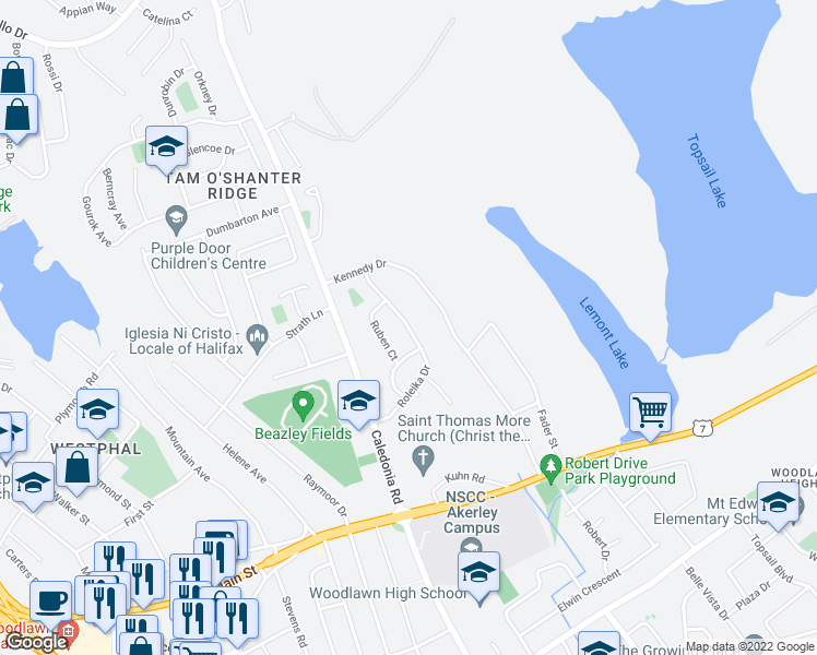 map of restaurants, bars, coffee shops, grocery stores, and more near Roleika Drive in Dartmouth