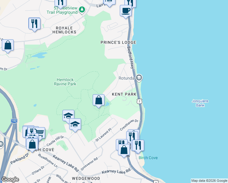 map of restaurants, bars, coffee shops, grocery stores, and more near 42 Lodge Drive in Halifax