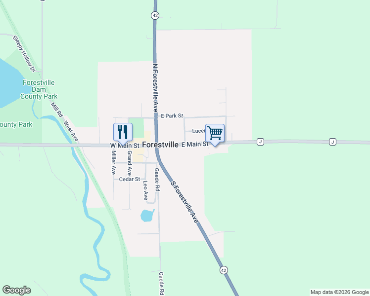 map of restaurants, bars, coffee shops, grocery stores, and more near 163 East Main Street in Forestville