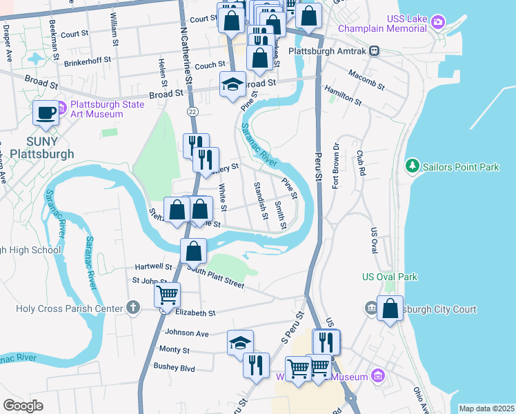 map of restaurants, bars, coffee shops, grocery stores, and more near 32 Standish Street in Plattsburgh