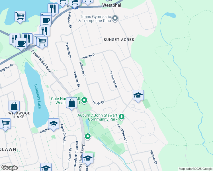 map of restaurants, bars, coffee shops, grocery stores, and more near 83 Madeira Crescent in Dartmouth