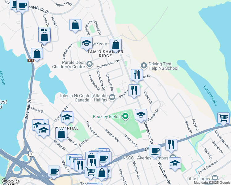map of restaurants, bars, coffee shops, grocery stores, and more near 5 Rannoch Road in Dartmouth