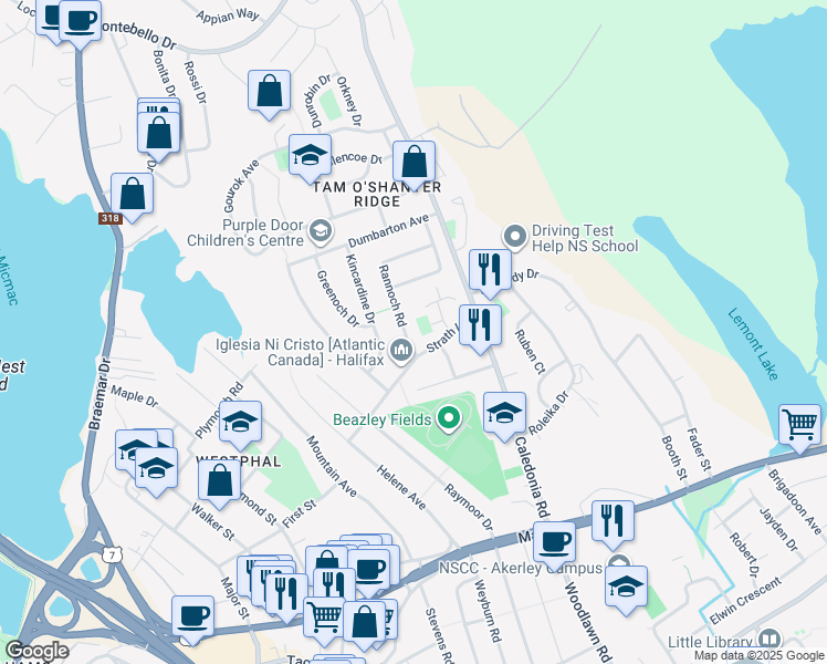 map of restaurants, bars, coffee shops, grocery stores, and more near 5 Rannoch Road in Dartmouth