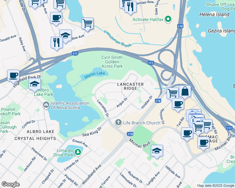 map of restaurants, bars, coffee shops, grocery stores, and more near 7 Chinook Court in Dartmouth