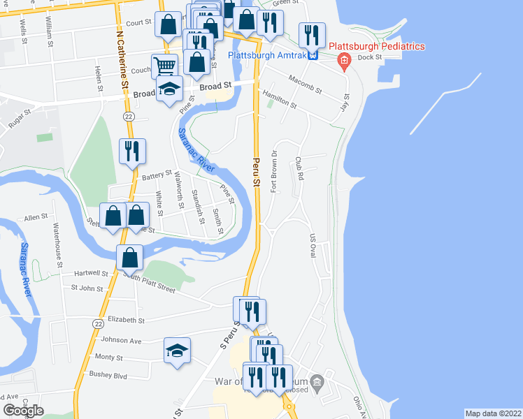map of restaurants, bars, coffee shops, grocery stores, and more near 5336 Peru Street in Plattsburgh