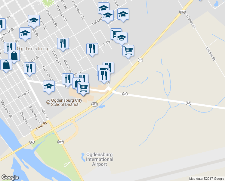 map of restaurants, bars, coffee shops, grocery stores, and more near 8067 Paterson Street in Ogdensburg