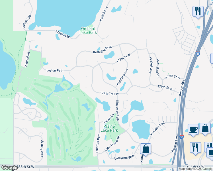 map of restaurants, bars, coffee shops, grocery stores, and more near 17739 Kingsway Path in Lakeville