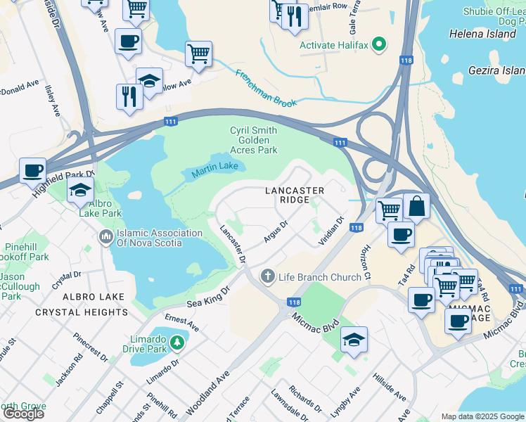 map of restaurants, bars, coffee shops, grocery stores, and more near 7 Chinook Court in Dartmouth