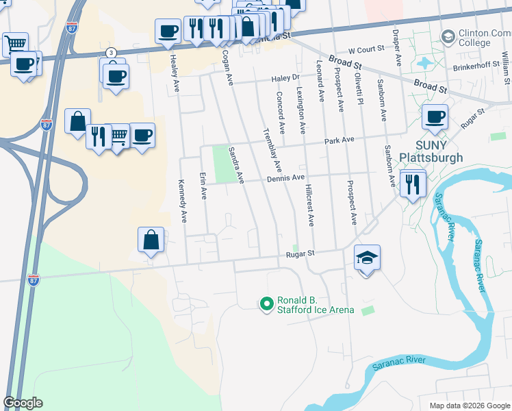 map of restaurants, bars, coffee shops, grocery stores, and more near 18 Sandra Avenue in Plattsburgh