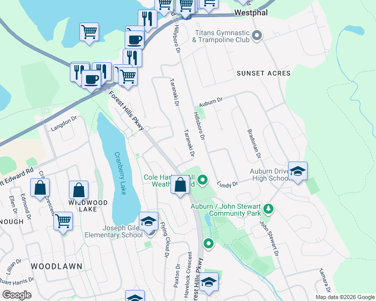 map of restaurants, bars, coffee shops, grocery stores, and more near 40 Taranaki Drive in Dartmouth