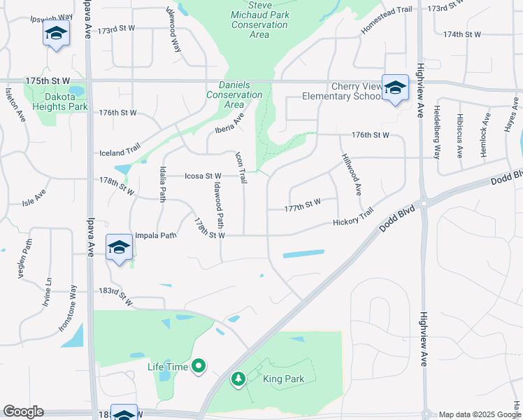 map of restaurants, bars, coffee shops, grocery stores, and more near 17701 Hyde Park Avenue in Lakeville