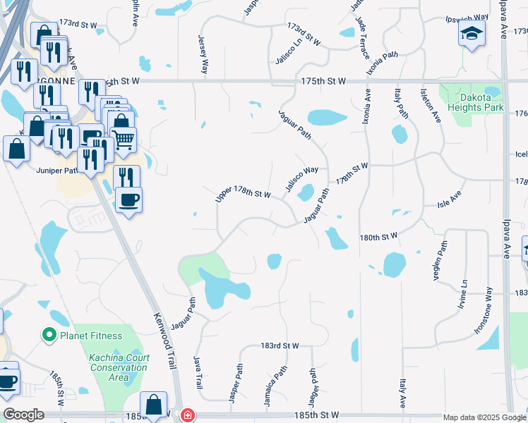 map of restaurants, bars, coffee shops, grocery stores, and more near 17930 Jaguar Path in Lakeville