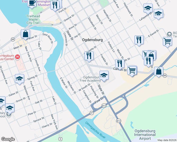 map of restaurants, bars, coffee shops, grocery stores, and more near 1000 Pickering Street in Ogdensburg