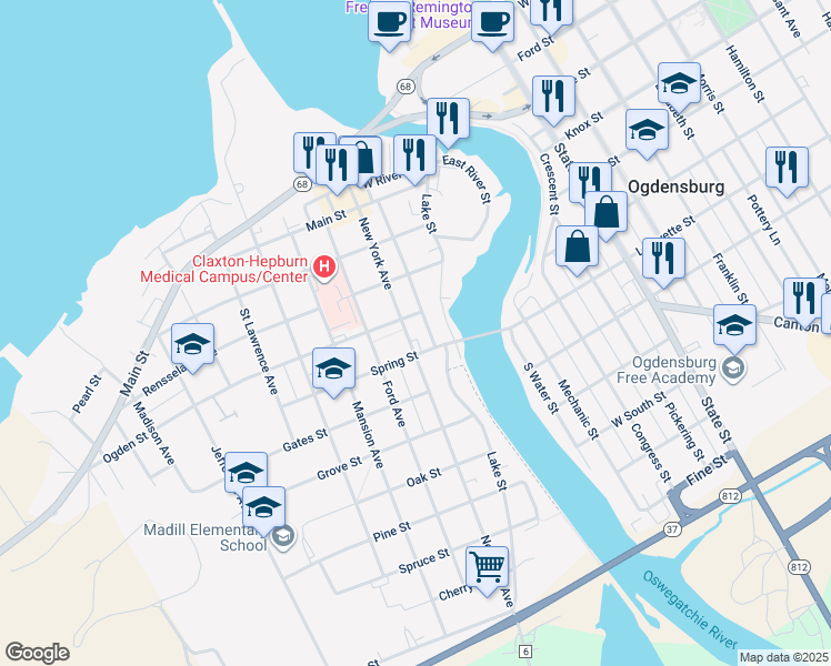 map of restaurants, bars, coffee shops, grocery stores, and more near 501 New York Avenue in Ogdensburg