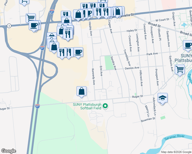 map of restaurants, bars, coffee shops, grocery stores, and more near 16 Kennedy Avenue in Plattsburgh