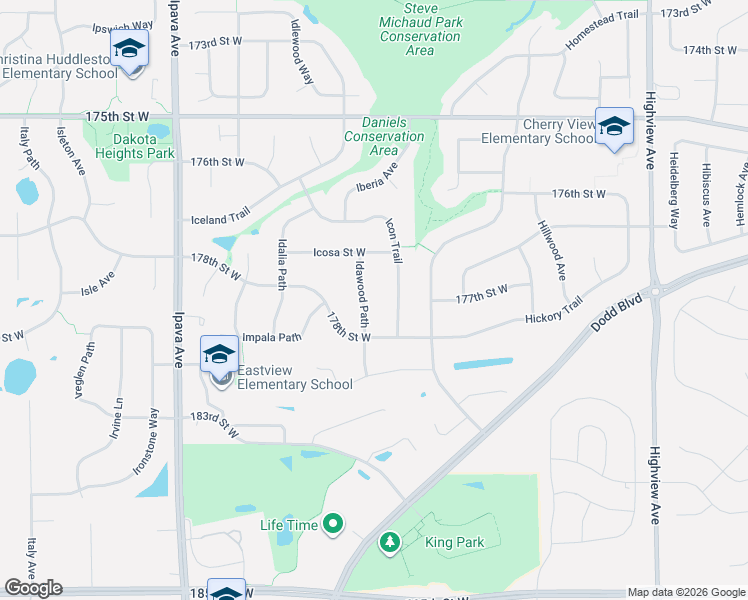 map of restaurants, bars, coffee shops, grocery stores, and more near 17791 Icon Trail in Lakeville