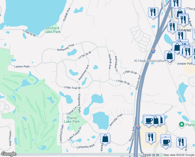 map of restaurants, bars, coffee shops, grocery stores, and more near 17891 179th Trail West in Lakeville