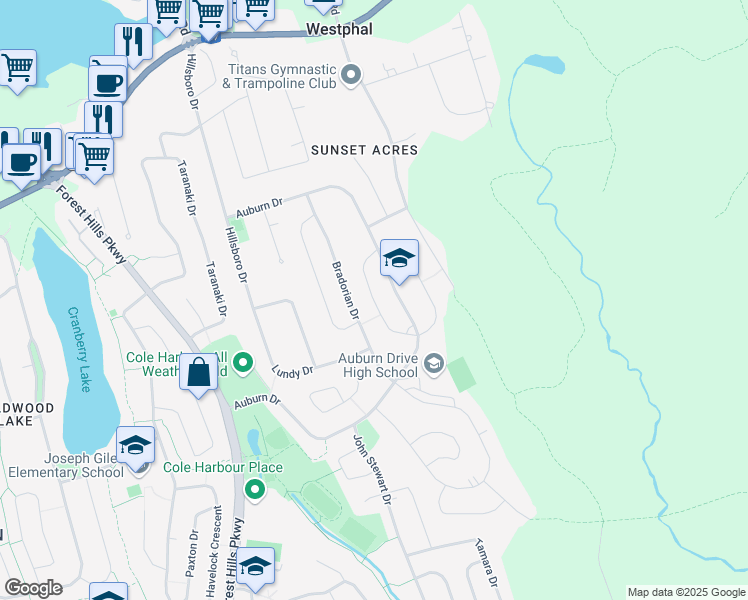 map of restaurants, bars, coffee shops, grocery stores, and more near Serocco Crescent in Cole Harbour