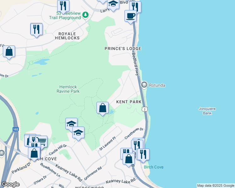 map of restaurants, bars, coffee shops, grocery stores, and more near 39 Lodge Drive in Halifax