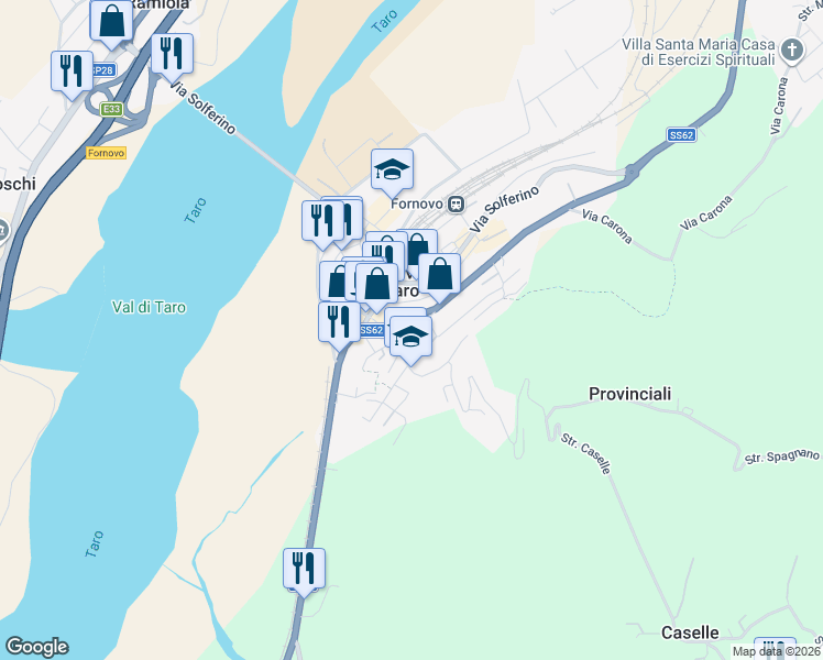 map of restaurants, bars, coffee shops, grocery stores, and more near 46 Via Nazionale in Fornovo di Taro