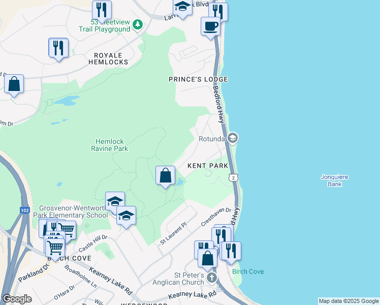 map of restaurants, bars, coffee shops, grocery stores, and more near 39 Lodge Drive in Halifax