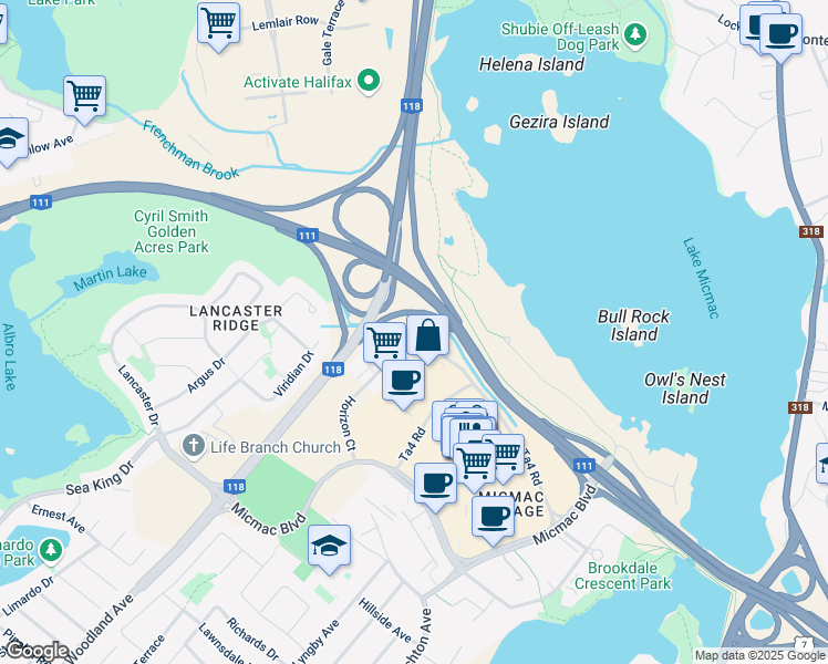 map of restaurants, bars, coffee shops, grocery stores, and more near 11 Horizon Court in Dartmouth