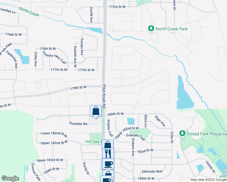 map of restaurants, bars, coffee shops, grocery stores, and more near 17917 Equinox Avenue in Lakeville