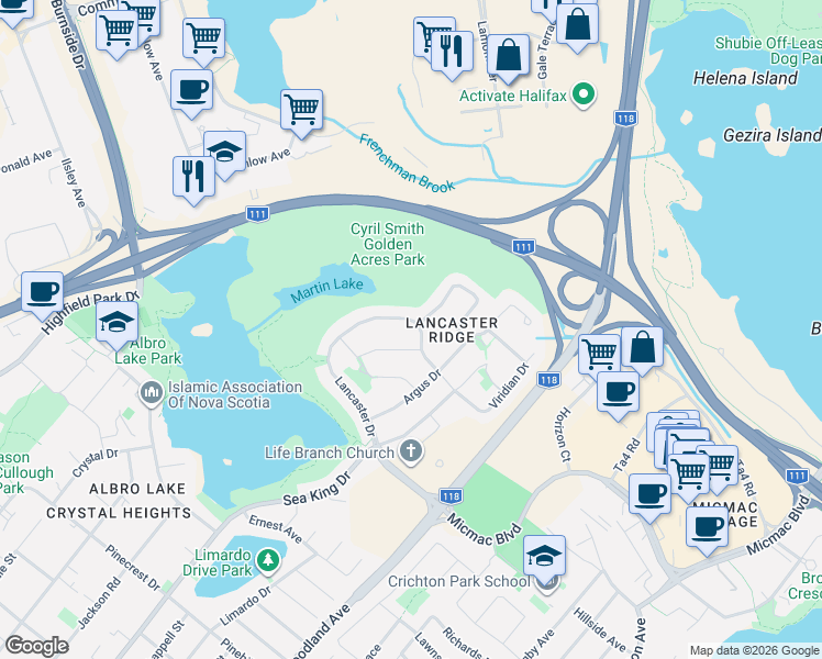 map of restaurants, bars, coffee shops, grocery stores, and more near 108 Lancaster Drive in Dartmouth