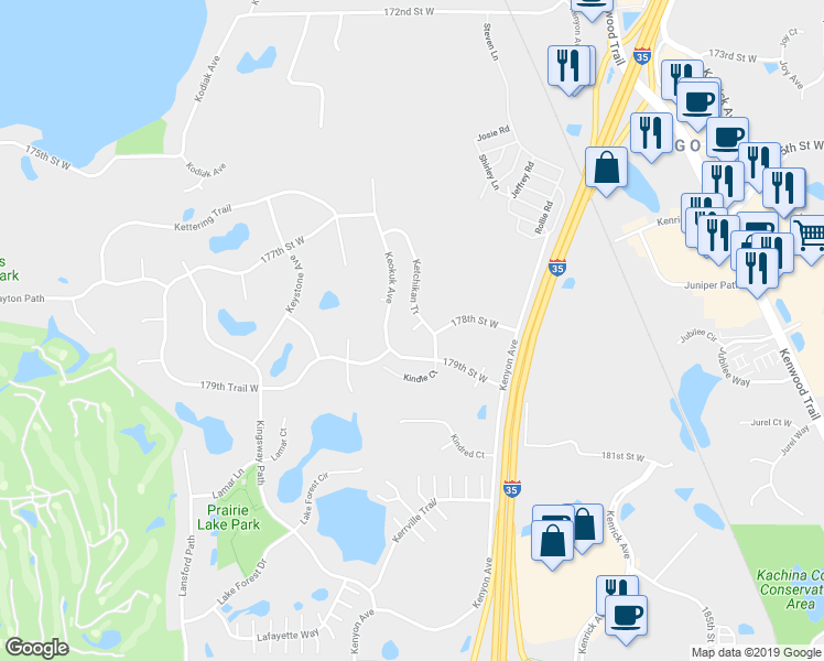 map of restaurants, bars, coffee shops, grocery stores, and more near 17829 Ketchikan Court in Lakeville