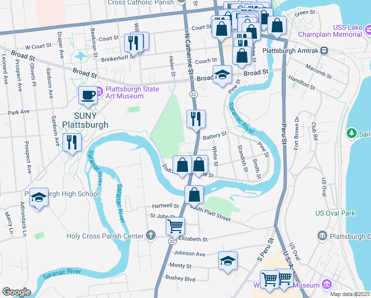map of restaurants, bars, coffee shops, grocery stores, and more near 5035 South Catherine Street in Plattsburgh