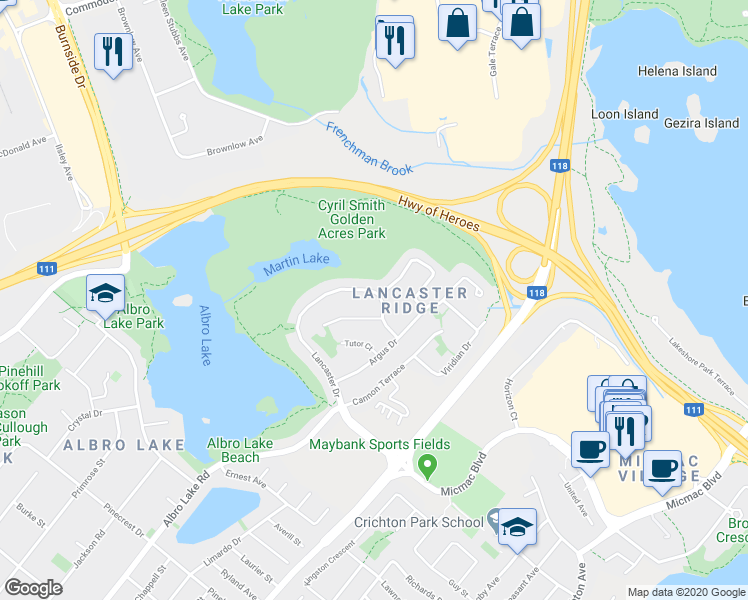 map of restaurants, bars, coffee shops, grocery stores, and more near 108 Lancaster Drive in Dartmouth