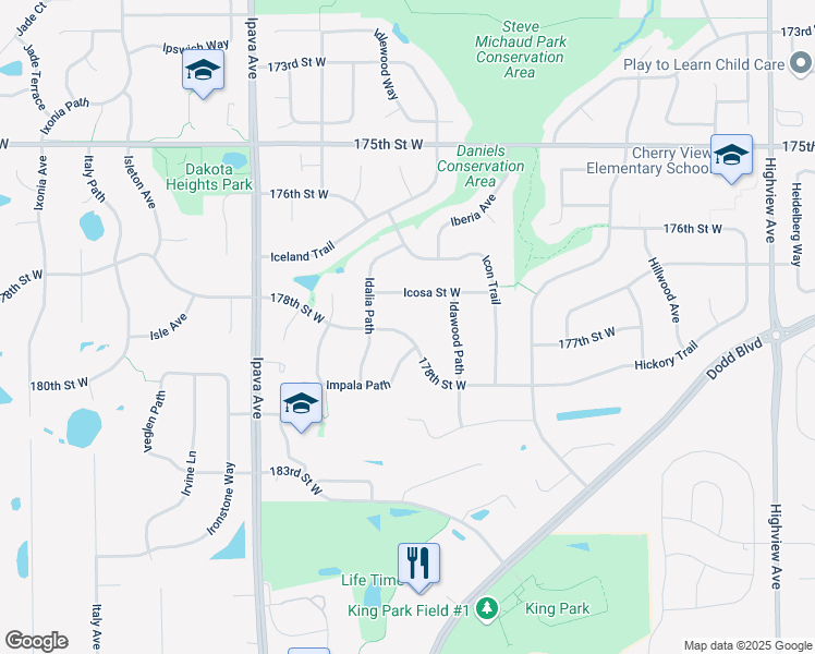 map of restaurants, bars, coffee shops, grocery stores, and more near 9335 178th Street West in Lakeville