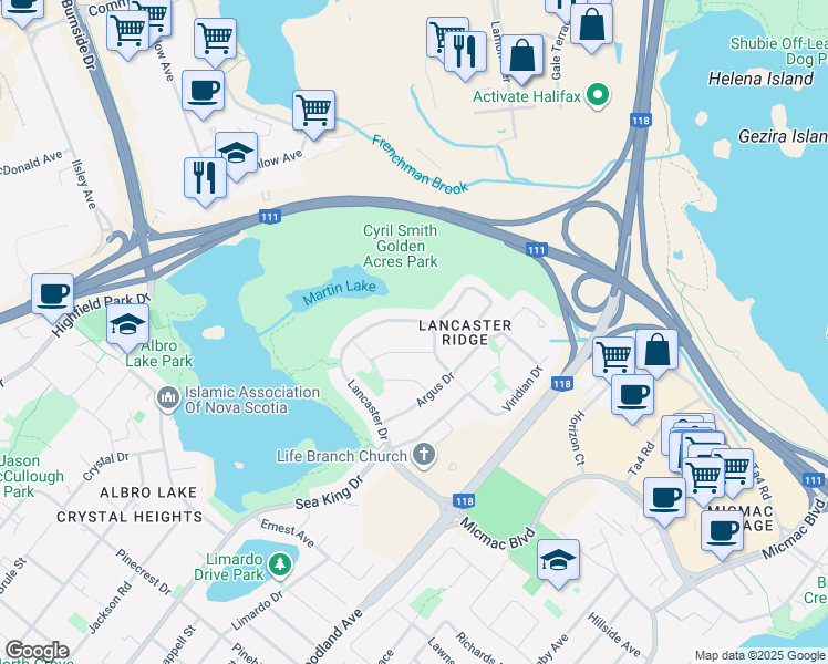 map of restaurants, bars, coffee shops, grocery stores, and more near 100 Lancaster Drive in Dartmouth