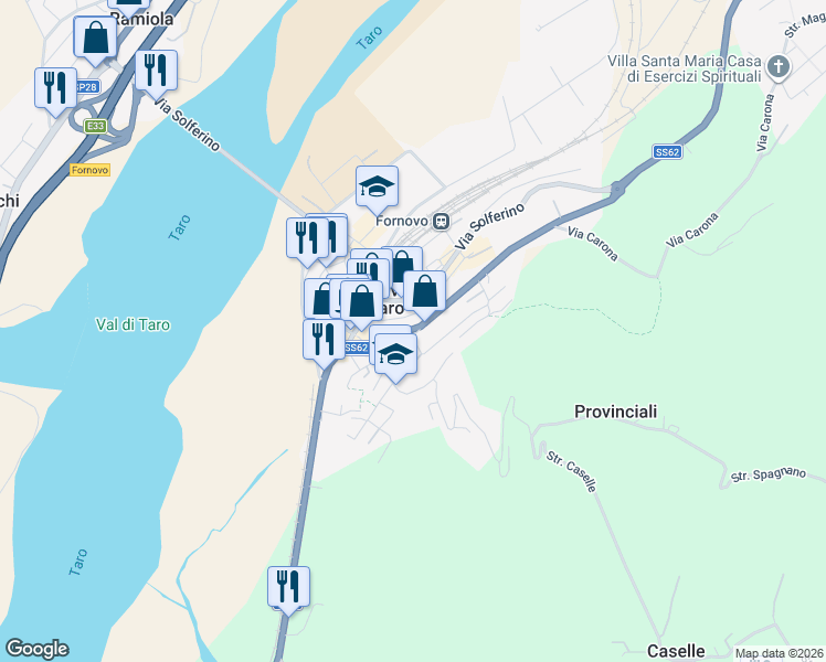 map of restaurants, bars, coffee shops, grocery stores, and more near Strada Statale 62 in Fornovo di Taro