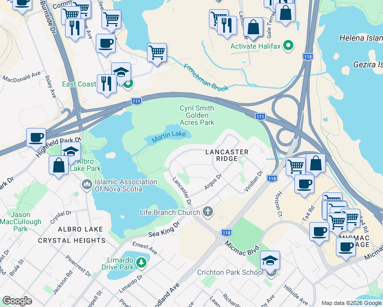 map of restaurants, bars, coffee shops, grocery stores, and more near 99A Lancaster Drive in Dartmouth