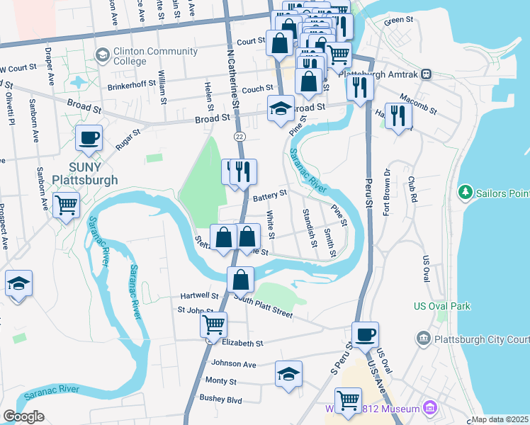 map of restaurants, bars, coffee shops, grocery stores, and more near 4 New Street in Plattsburgh
