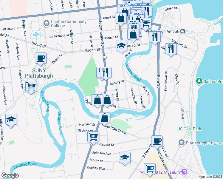 map of restaurants, bars, coffee shops, grocery stores, and more near 8 New Street in Plattsburgh