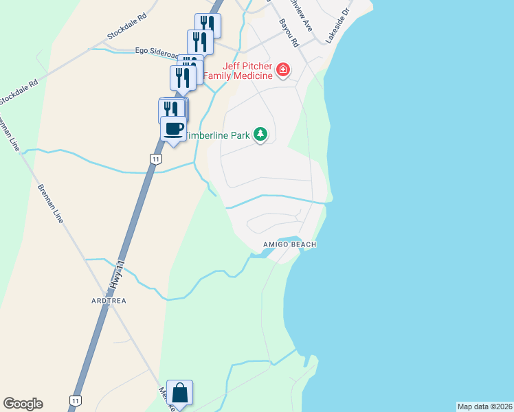map of restaurants, bars, coffee shops, grocery stores, and more near 2622 Westshore Crescent in Orillia