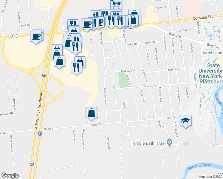 map of restaurants, bars, coffee shops, grocery stores, and more near 19 Erin Avenue in Plattsburgh