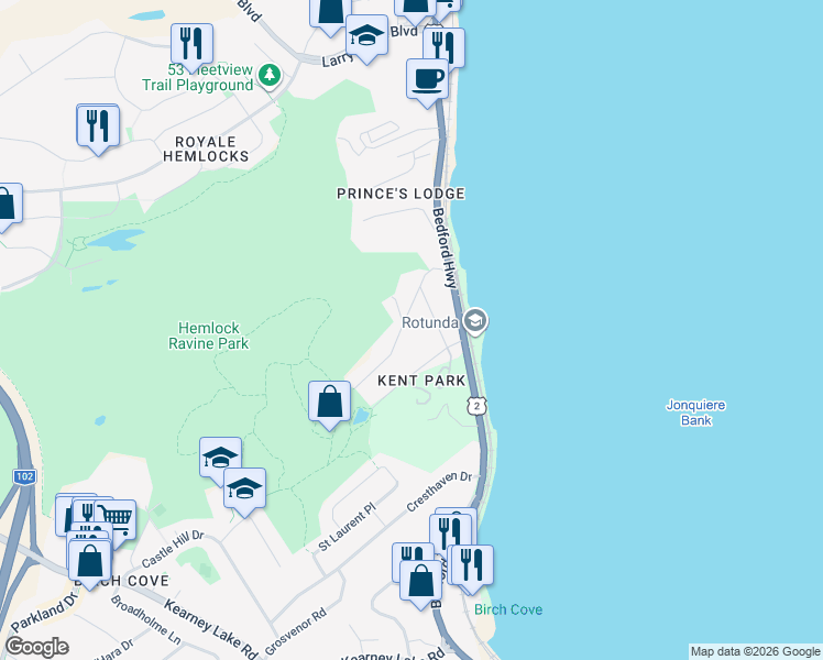 map of restaurants, bars, coffee shops, grocery stores, and more near 24 Lodge Drive in Halifax