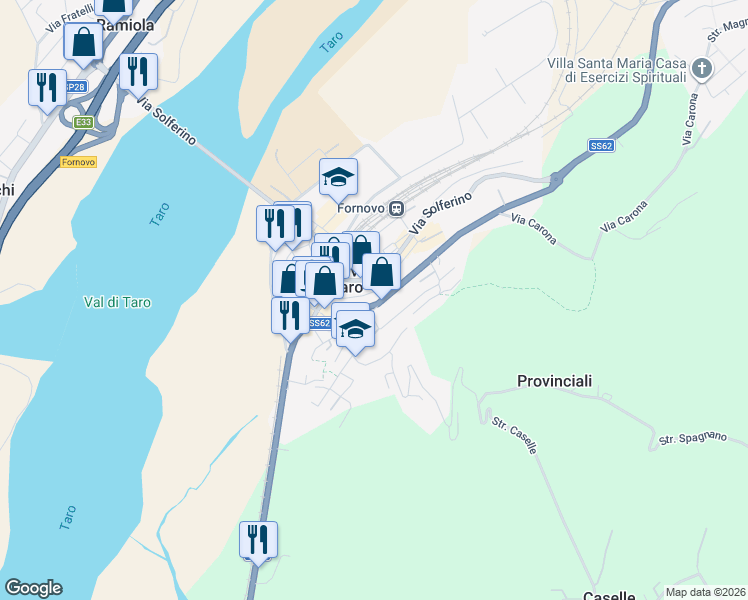 map of restaurants, bars, coffee shops, grocery stores, and more near 46 Via Nazionale in Fornovo di Taro