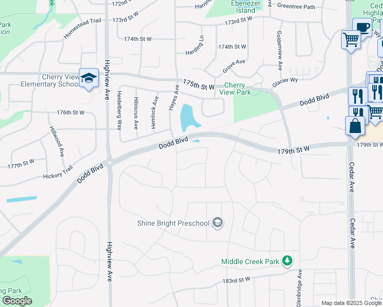 map of restaurants, bars, coffee shops, grocery stores, and more near 17918 Hawksbill Drive in Lakeville