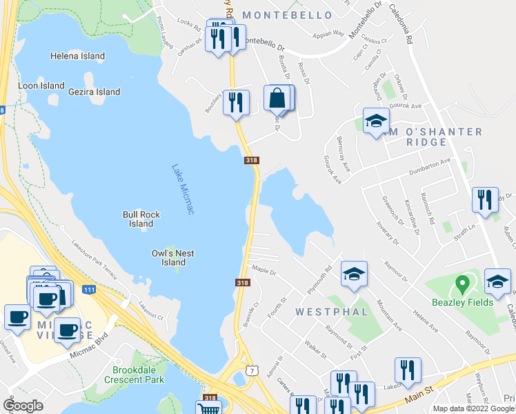 map of restaurants, bars, coffee shops, grocery stores, and more near 174 Braemar Drive in Dartmouth