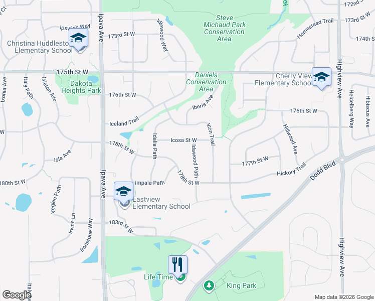 map of restaurants, bars, coffee shops, grocery stores, and more near 17783 Idawood Path in Lakeville