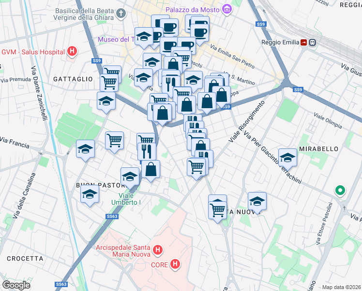 map of restaurants, bars, coffee shops, grocery stores, and more near 4 Via Rainero Taddei in Reggio Emilia
